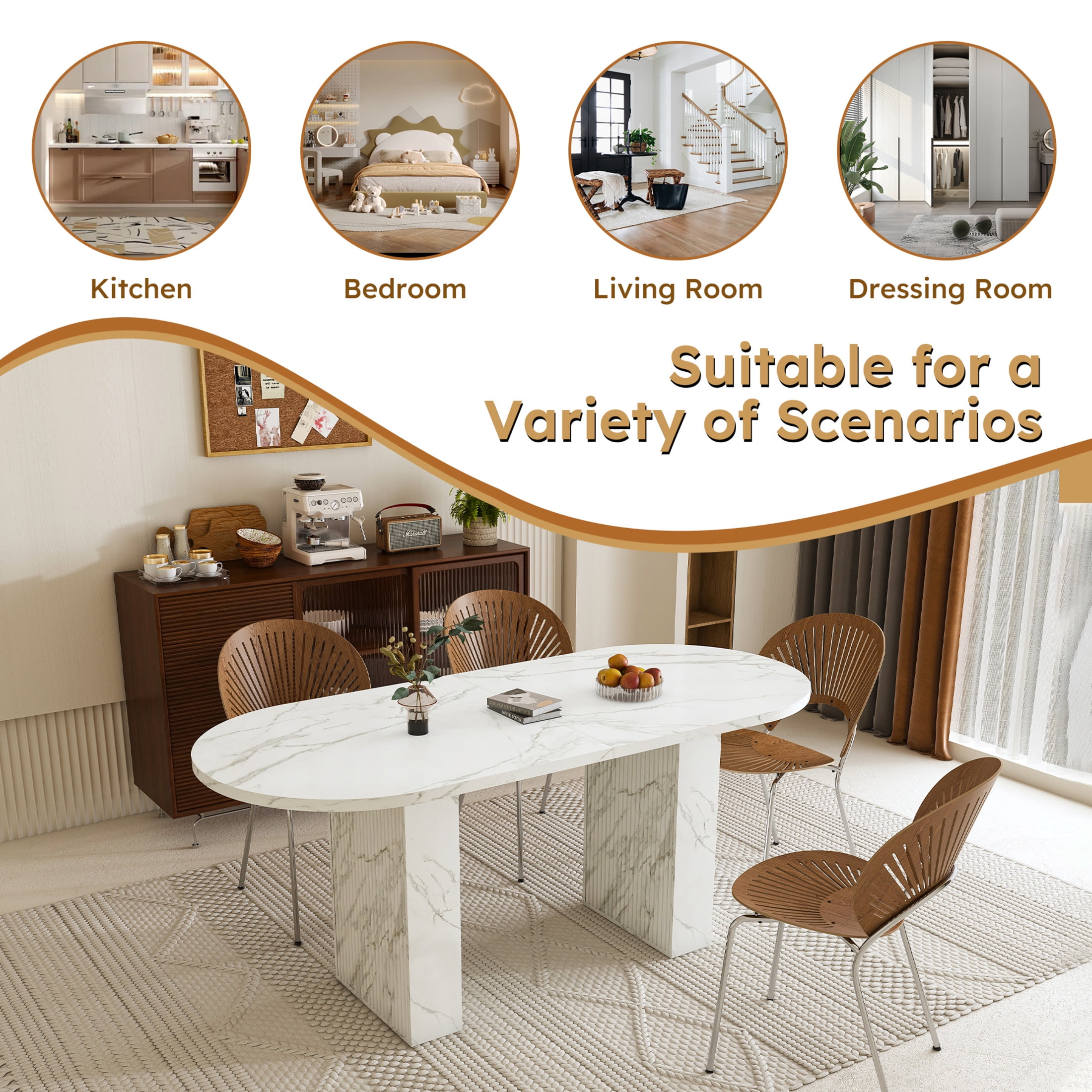 Noble House 63" Oval Dining Table for 6, Marble Top with Wood Strip Base, Modern Farmhouse Kitchen Table, White