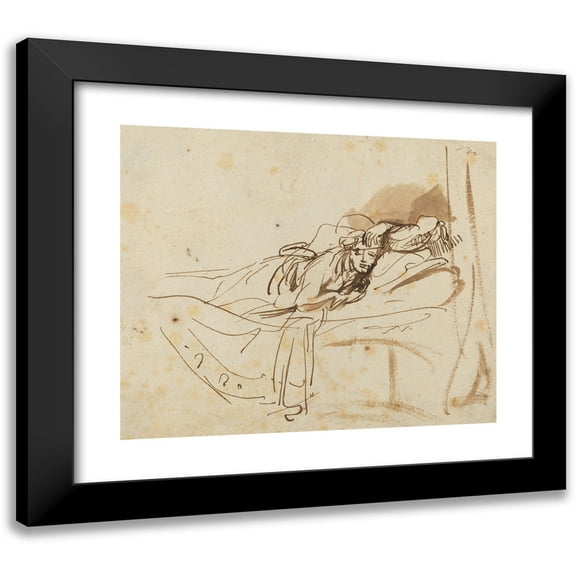 Rembrandt van Rijn 14x12 Black Modern Framed Museum Art Print Titled - Saskia Lying in Bed (C. 1638)
