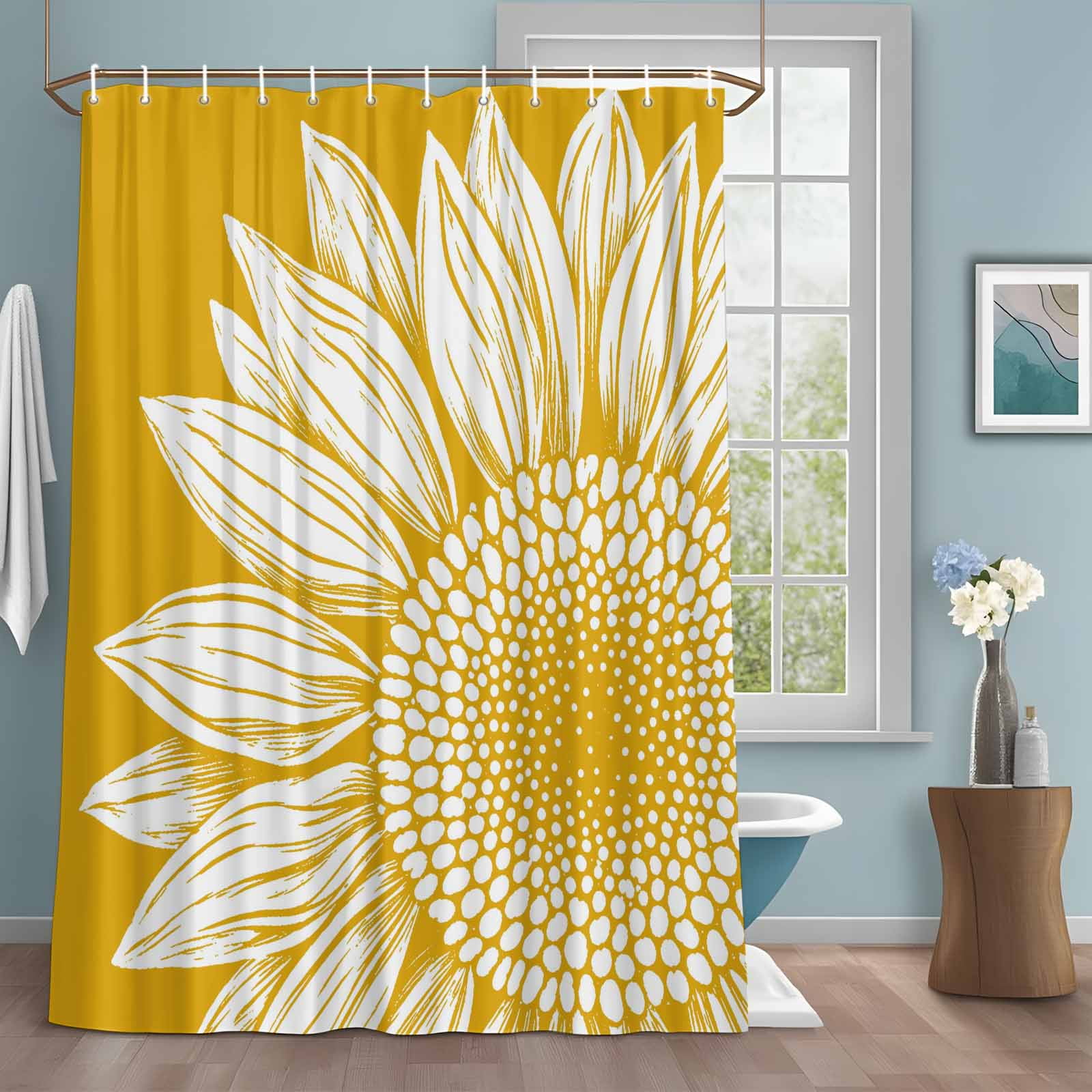 White Sunflower Shower Curtain with Hooks Summer Floral White Petals Mustard Yellow Background Sturdy Water Repellent Shower Curtains for Bathroom Bathtub Machine Washable Curtains 72x96 Inch