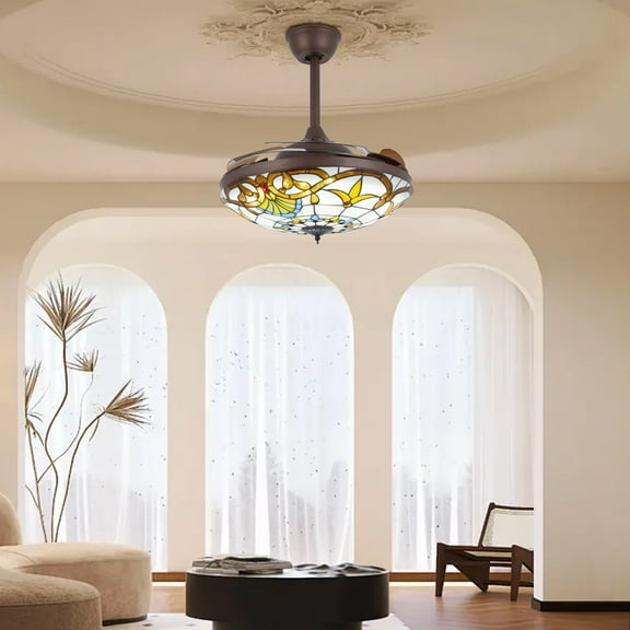 Tiffany Ceiling Fan Light Retractable Blades LED Chandelier Fixture Remote