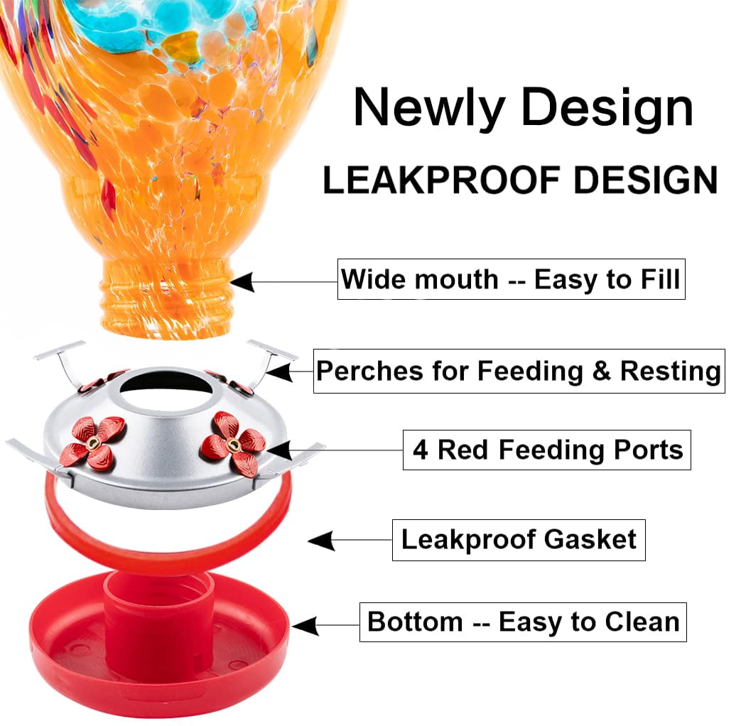 Hummingbird Feeder For Outdoors Patio Large 32 Ounces Colorful Hand Blown Glass With Ant Moat Hanging Hook  Rope Brush And Service Card (blue-orange)
