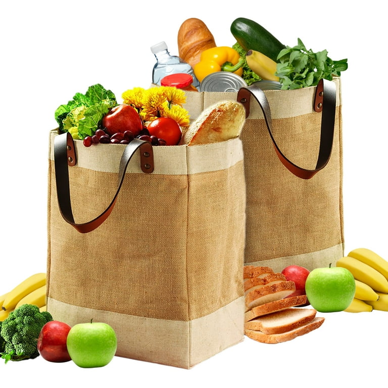Tote Bag Faux Leather Straps Reusable Burlap Shopping 2 Pack Farmers Market Jute Foldable EXULTIMATE