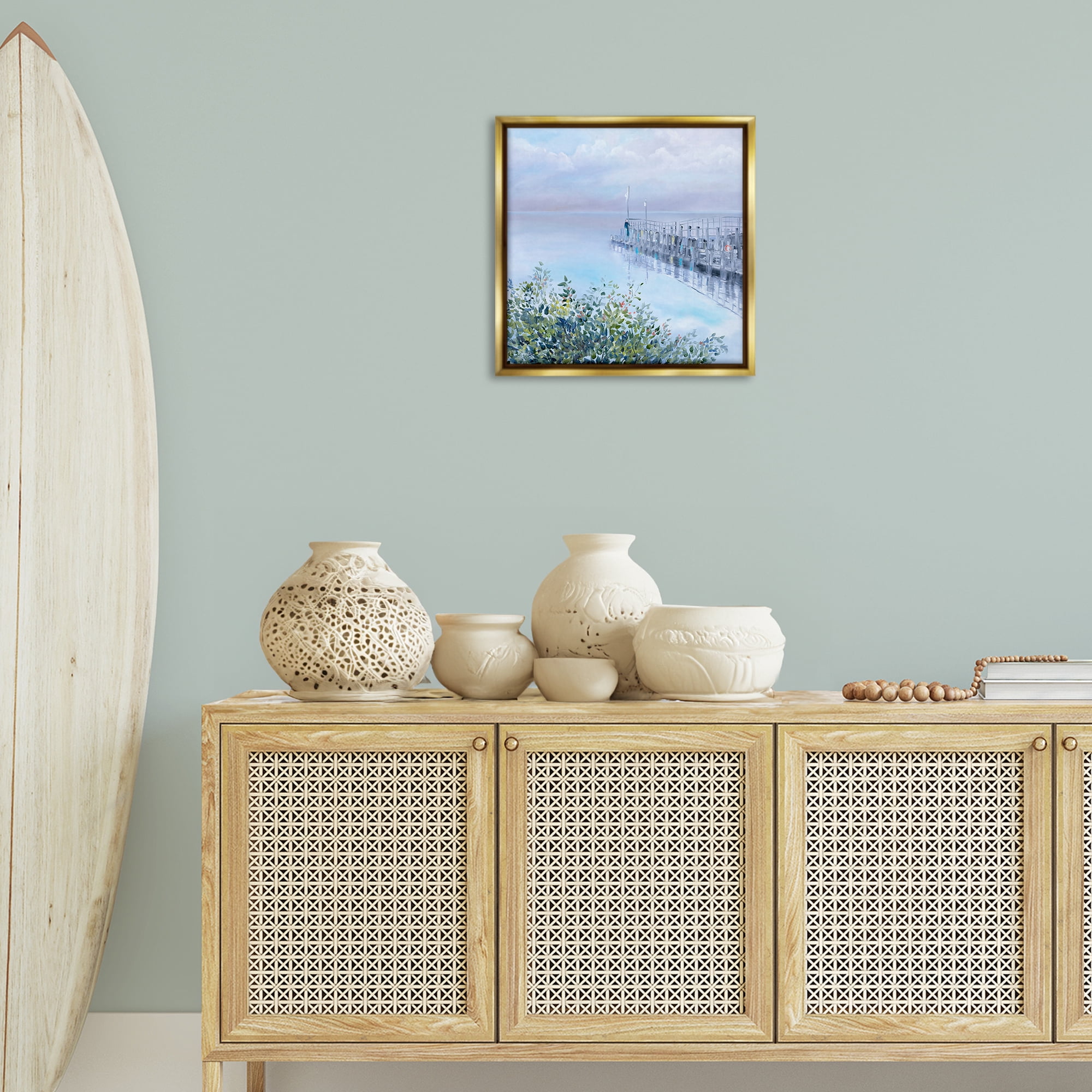 Stupell Industries Foggy Harbor Dock Landscape Painting Gold Floater Framed Canvas Art Print Wall Art, 18 x 18