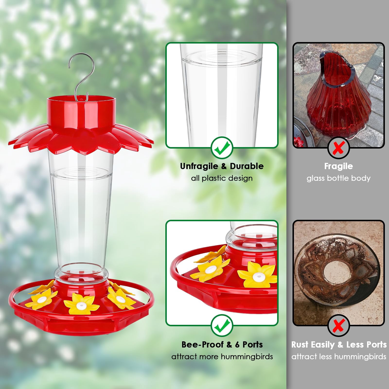 Plastic Hummingbird Feeders 2 Pack 10 Oz Clear Outdoor Hanging Garden Decor