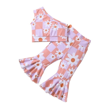 

aturustex 0T 1T 2T 3T 4T 5T Toddler Girls Summer Outfits Casual Floral Print One Shoulder Sleeveless Tops and Elastic Flared Pants Set 2Pcs