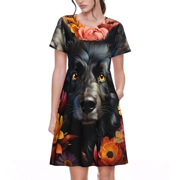 Disketp Colorful Floral Black Dog para Vestido de Manga Corta para Mujeres, Vestidos de Verano para Mujeres, Casual y Holgado para la Playa