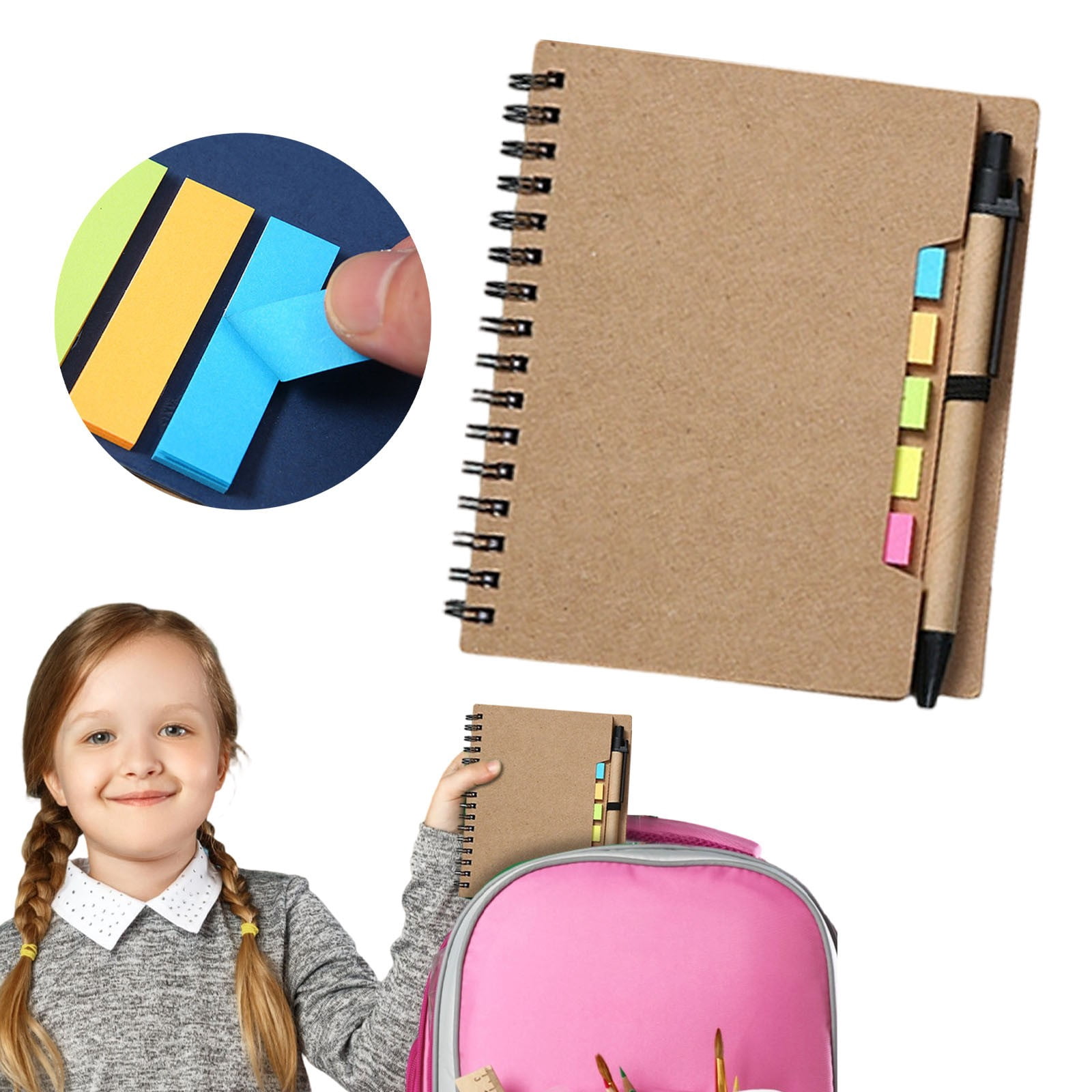 4 Pcs Lined Spiral Notebooks with Sticky Notes and Pens Kraft Notebook with Pen Bulk Sticky Coil Notepad Monthly Planner Notepad for Smooth Writing Meeting Notes Reminders, 5.7"x4.56", Multicolor