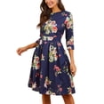 thumbnail image 2 of Women's Midi Dress Casual 34 Sleeve Floral Printed ALine Swing Dress with Crew Neck Navy Blue XXL, 2 of 5