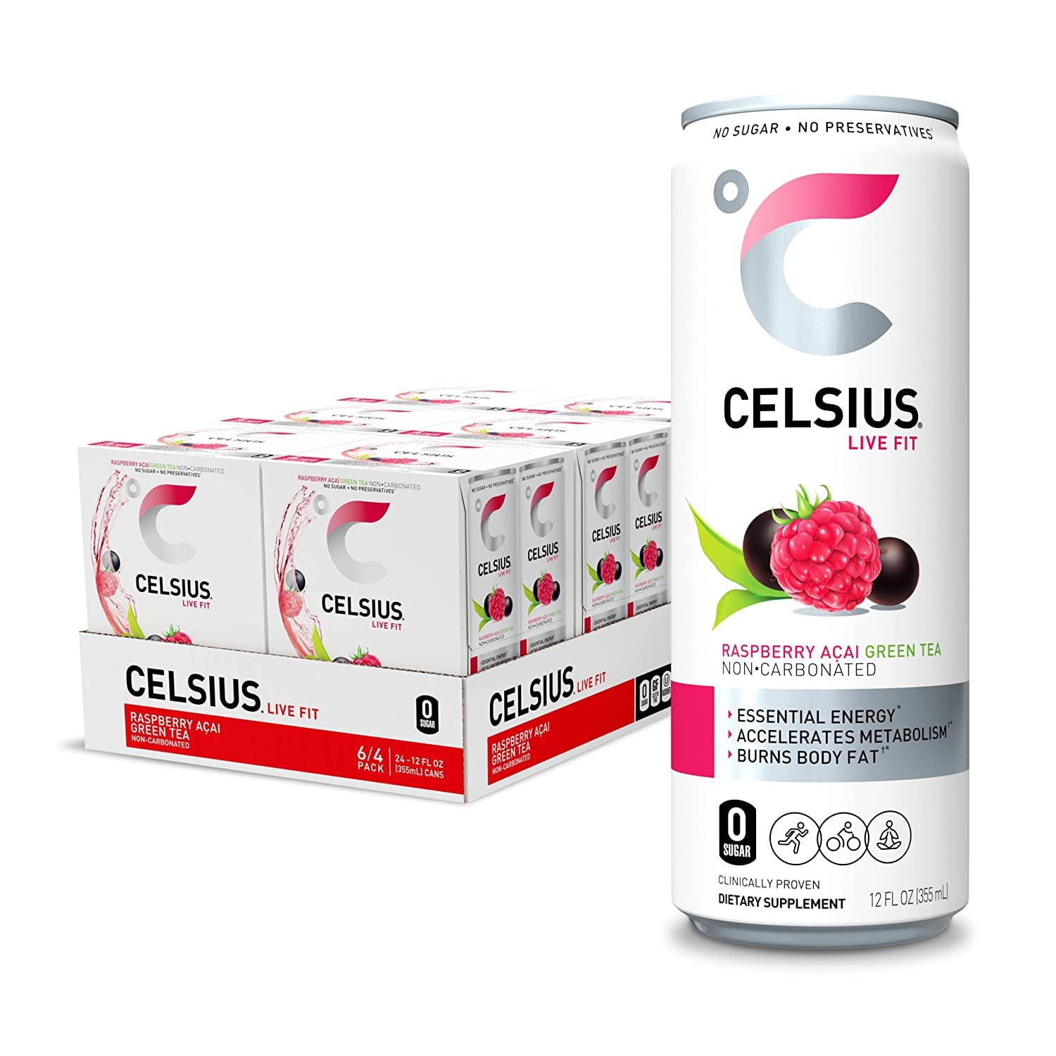 CELSIUS Essential Energy Drink, Raspberry Acai Green Tea ,12 Fl Oz(Pack
