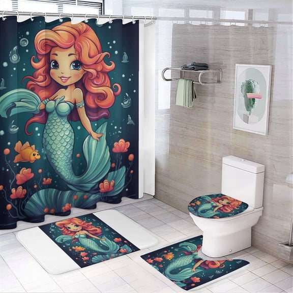Mermaid Shower Curtain Home Decor, Polyester Cotton Fabric Waterproof Modern Bath Curtain with 12 Hooks 72x72 Inch