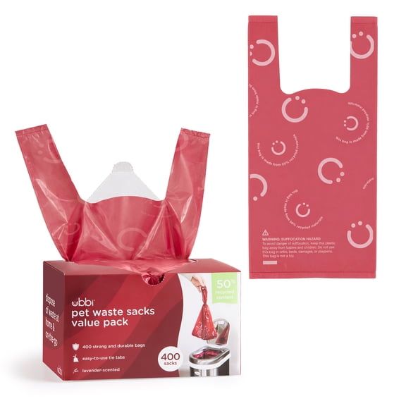 Ubbi Pet Waste Sacks, Lavender Scented Cat Litter Disposal Bags, Leak Proof and Easy Tie, 400 Count