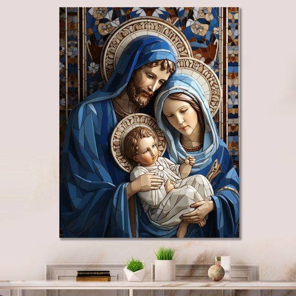 Designart "Holy Family Iconic Depiction in Stained Glass II" Spiritual Canvas Wall Art - Global Blue Christianism Bedroom Canvas Wall Art