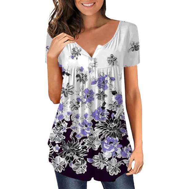 Gibobby Camisetas Mujer Baratas Manga Corta Camiseta verano para mujer, camiseta informal con cuello en V, manga corta, con botones(Morado,M)