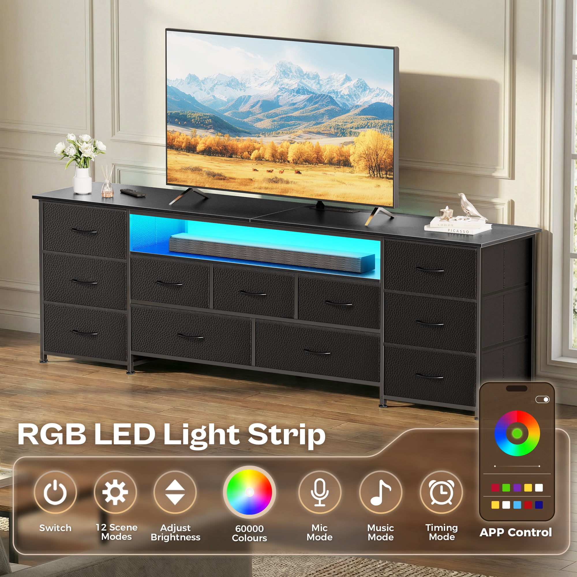 Amadwell Large TV Stand for 75, 80 Inch TVs, 11 Drawer Long Dresser with Power Outlets & LED Lights, 70 inch Entertainment Center