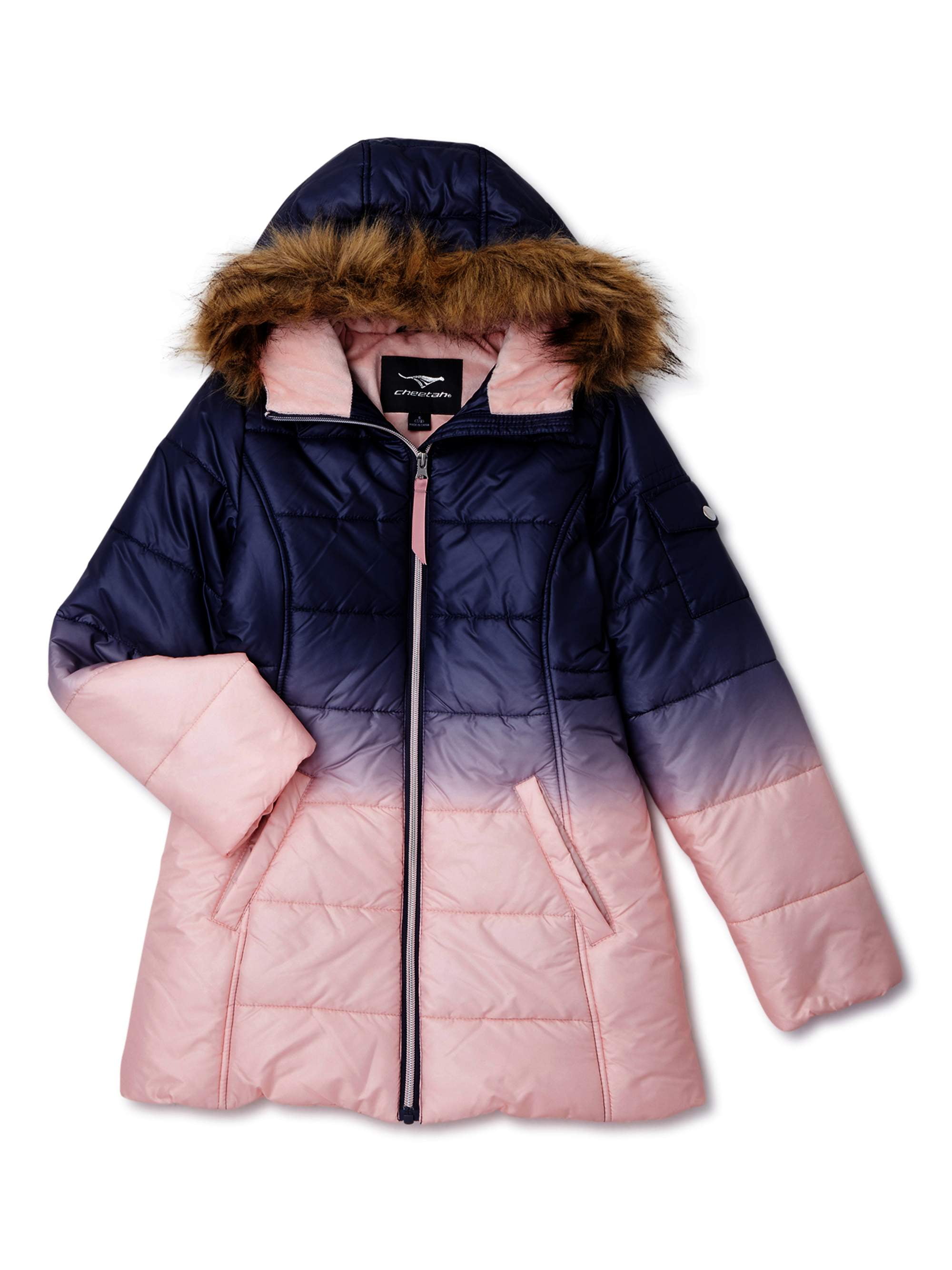 Black Kids Unisex Padded Bubble Parka Winter Jacket With Faux Fur Trim Hood 
