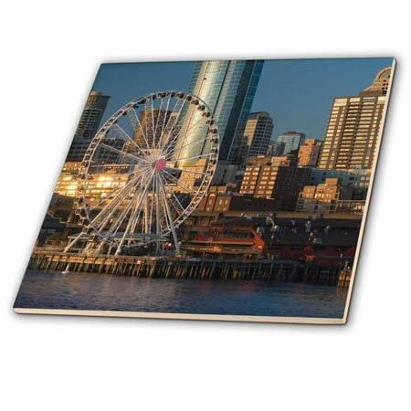 Tilt Scroll Wheel 3dRose USA, Washington, Seattle. Seattle Great Wheel at Pier 57 in evening. - Ceramic Tile, 4-inch ()