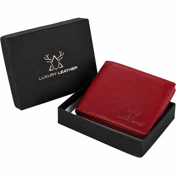 Luxury Leather Genuine Leather RFID Blocking Wallet for Men | Slim Bifold Design with Zipper Coin Pocket, ID Window & Multiple Card Slots | Red