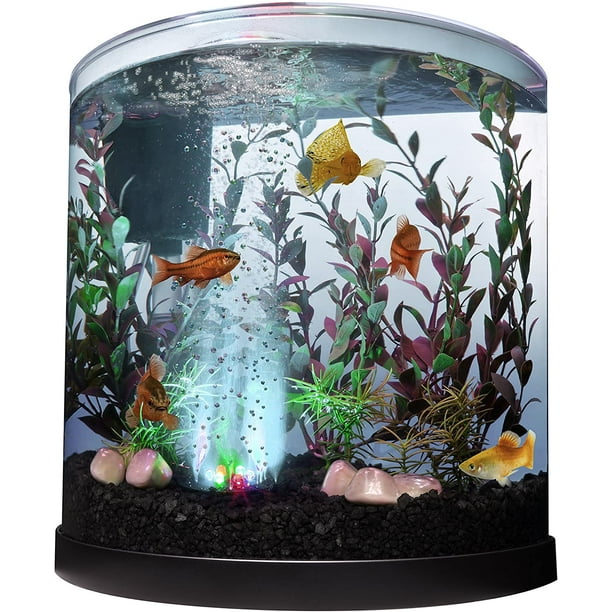 Bubbling LED Aquarium Kit 3 Gallons, Half-Moon Fish Tank With  Color-Changing Light Disc 