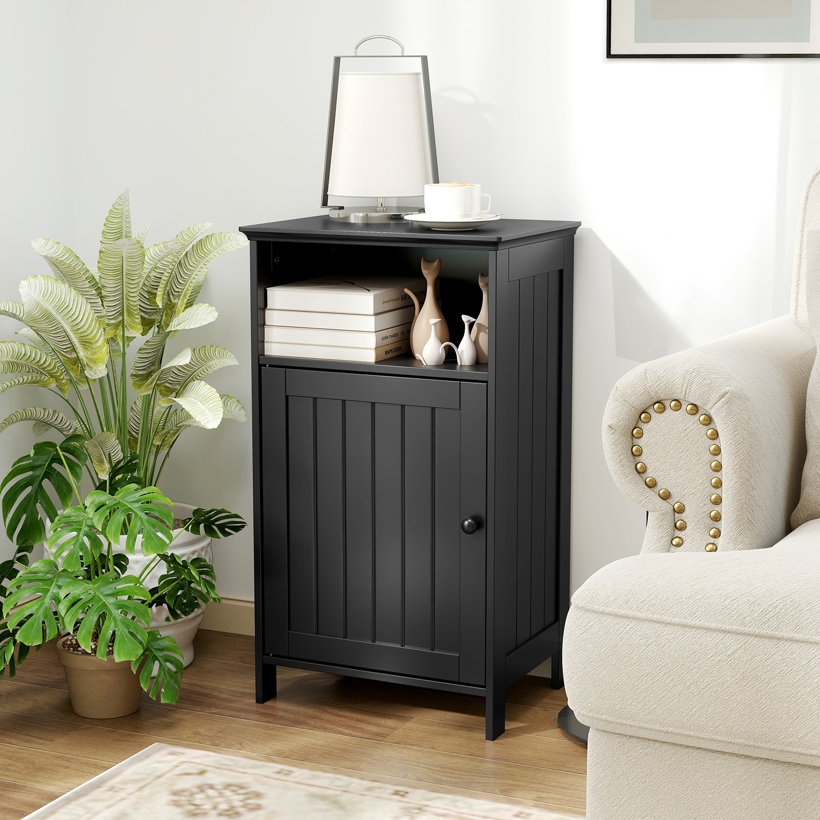 Gymax Bathroom Floor Storage Cabinet Side Table w/ Open Compartment & Adjustable Shelf