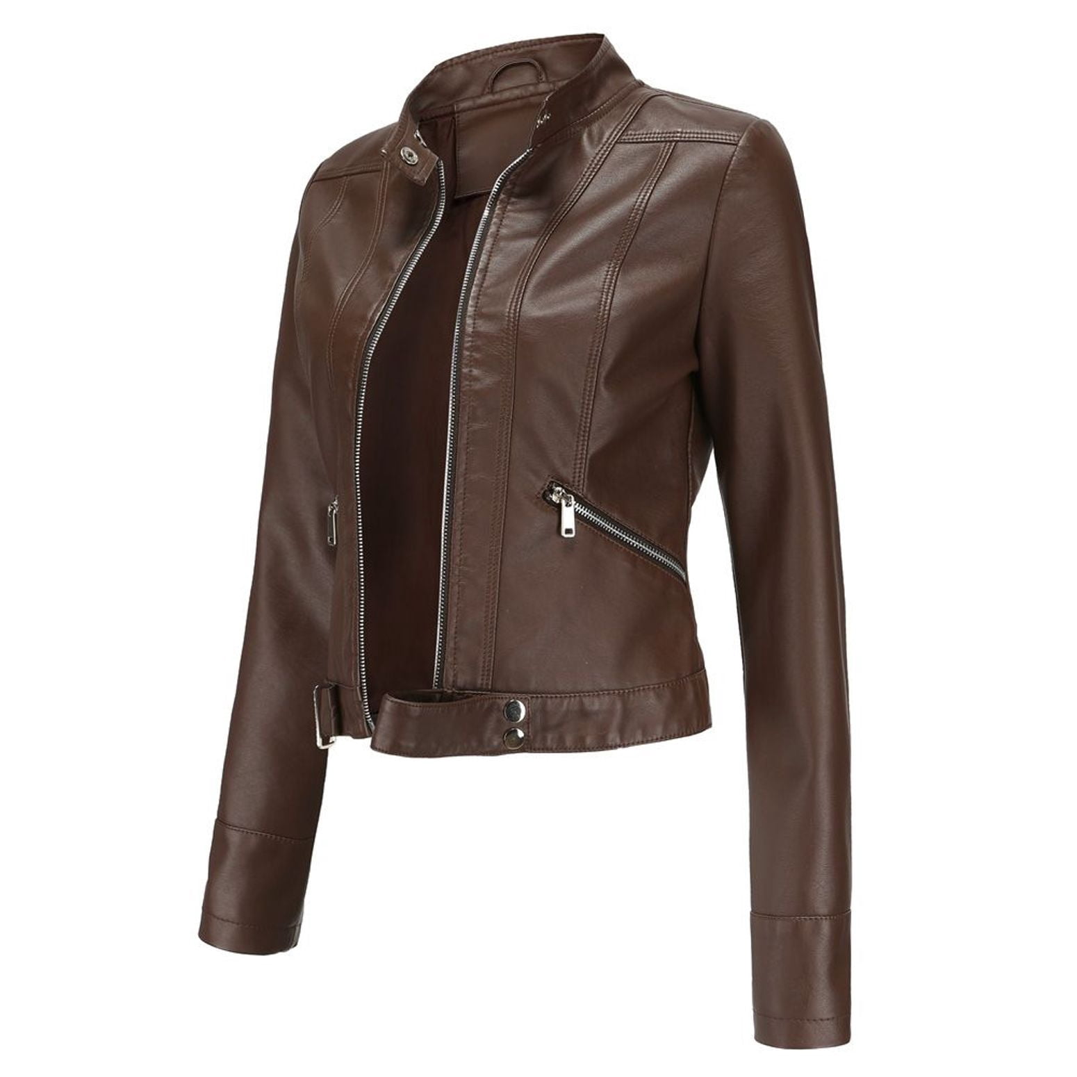 Defitshape Women's Faux Leather Jacket Winter Fashion Crop Moto Jackets & Coats Long Sleeve Fall Top Mock Neck Zipper Pocket Full Zip Short Jacket Coffee X-Large