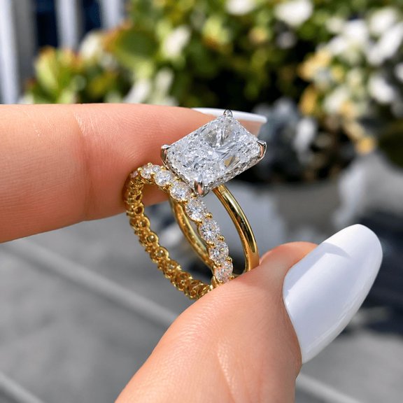 Diiro Brilliant 2PC Radiant Cut Wedding Ring Set for Women, 10K Vermeil Yellow Gold Engagement Ring with Pave Band, Bridal Set Gift