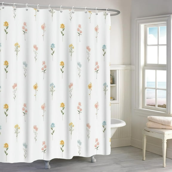 Floral Shower Curtain, Wildflower Botanical Plant Leaves Cute Flower Spring Herbs Elegant Waterproof Fabric Machine Washable for Bathroom Bathtub Decor with Hooks 54"W x 78"L (Pack of 1)