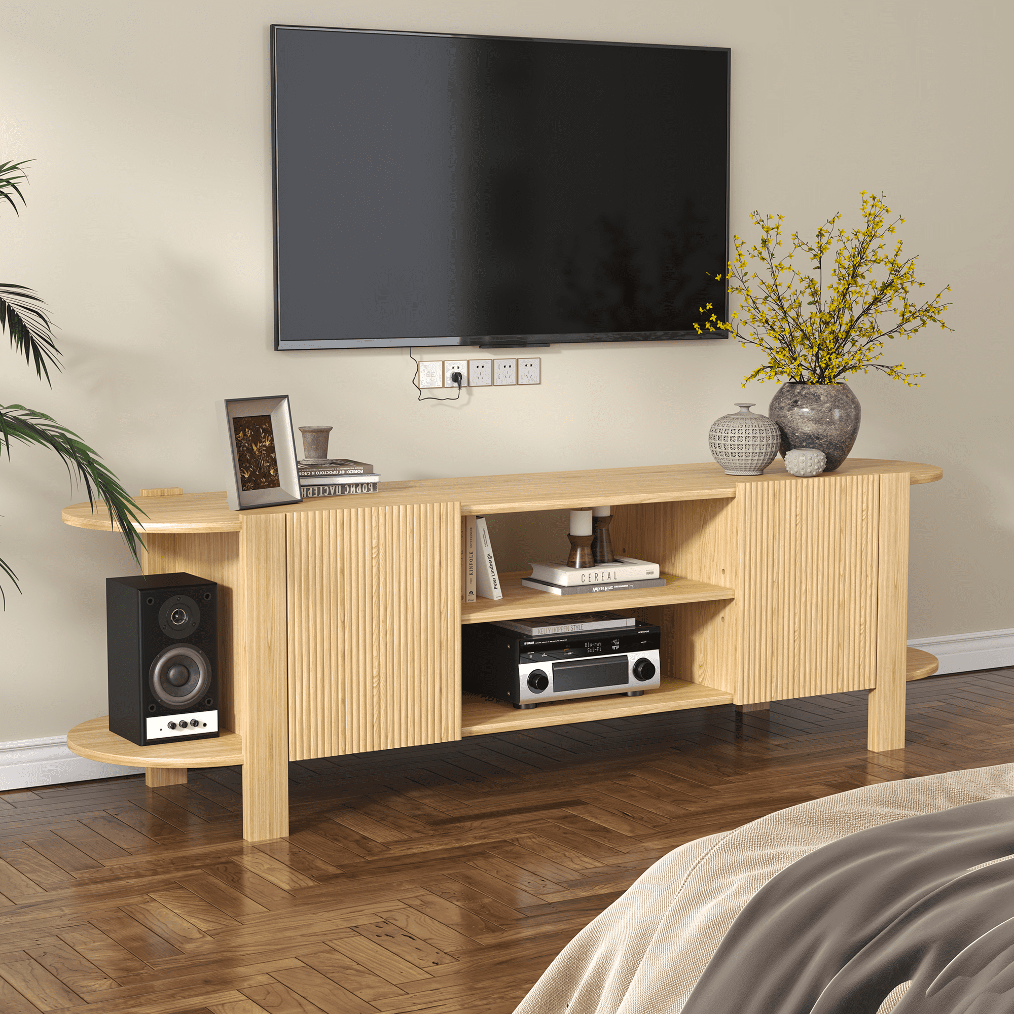 ZOSQUARE 65 Inch TV Stand for TVs up to 75", Wood Entertainment Center with Fluted Doors and Open Shelves, Wood TV Console with Rounded Edges for Living Room