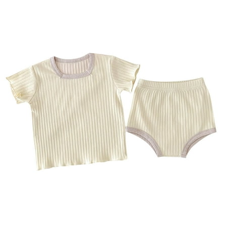 

Toddler Baby Boys Girls Ribbed Patchwork Short Ruffled Sleeve T Shirt Blouse Tops Cotton Shorts Pants Sleepwear Pajamas Outfit Set 2PCS Clothes