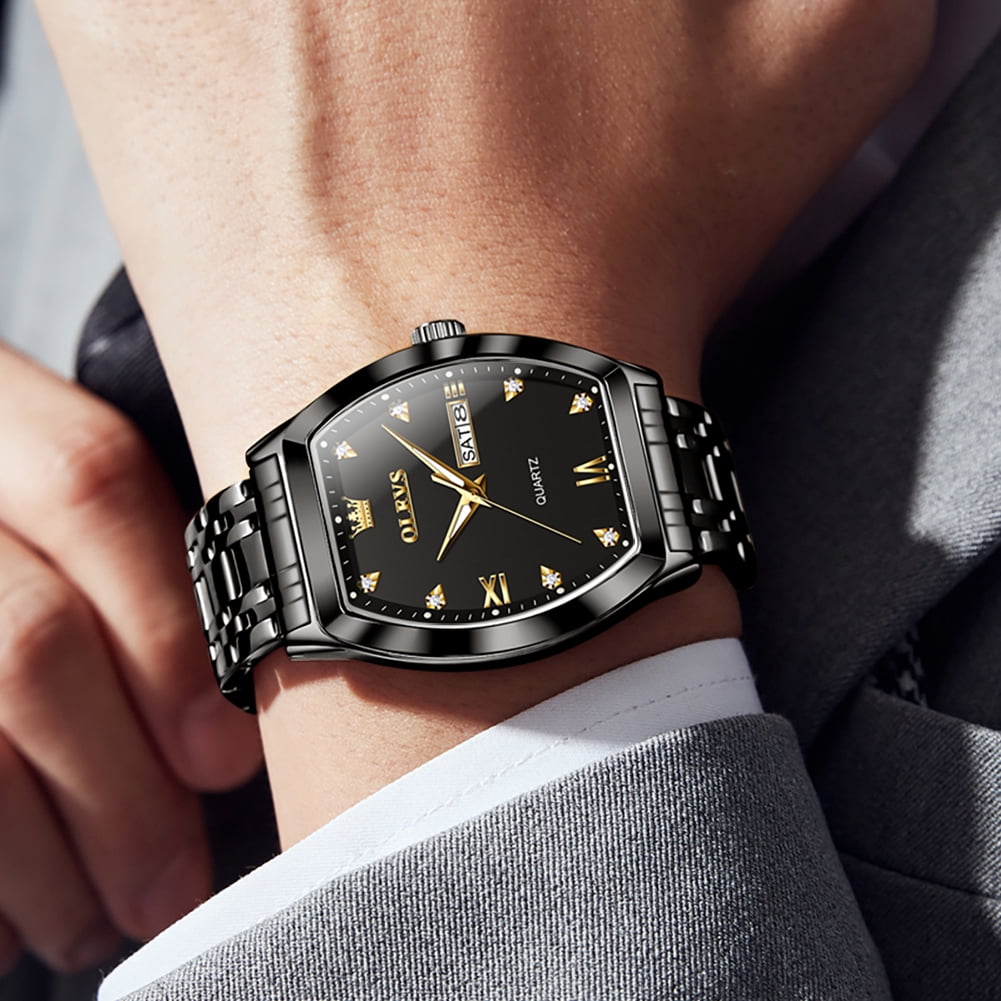 OLEVS Mens Watches Square Business Dress Diamond Analog Quartz Date Luxury Watches for Men Dress Casual Stainless Steel Waterproof Luminous Mens Wrist Watches Gifts Reloj para Hombre Gold/Black Dial