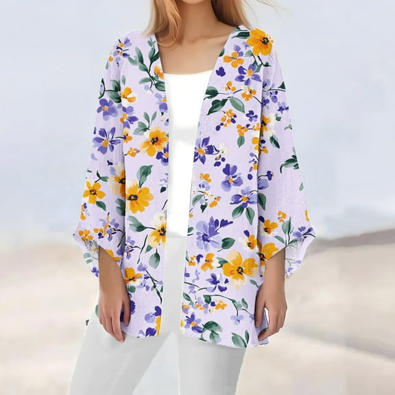 bbyeadc Light Weight Cardigan Women 3/4 Sleeve Summer Shrugs for Women Lightweight Open Front Shrug Cardigan Hawaii Print Dressy Draped Cotton Cardigans, Purple Pink S