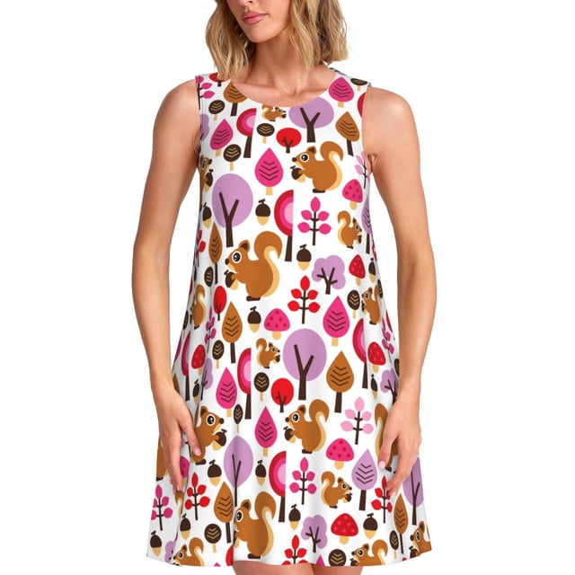 Vsdgher Robe d'Été Imprimée Écureuil dans la Forêt pour Femmes, Décontractée, Col en U, Sans Manches, Ample, avec Poche