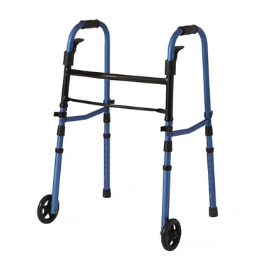 Medline Folding Walker With 5" Wheels, For Adults, Elderly and Disabled, Height Adjustable Roller Walker, 350 lb Weight Capacity, Blue