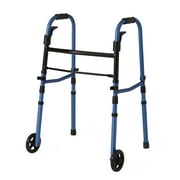 Medline Folding Walker With 5" Wheels, For Adults, Elderly and Disabled, Height Adjustable Roller Walker, 350 lb Weight Capacity, Blue