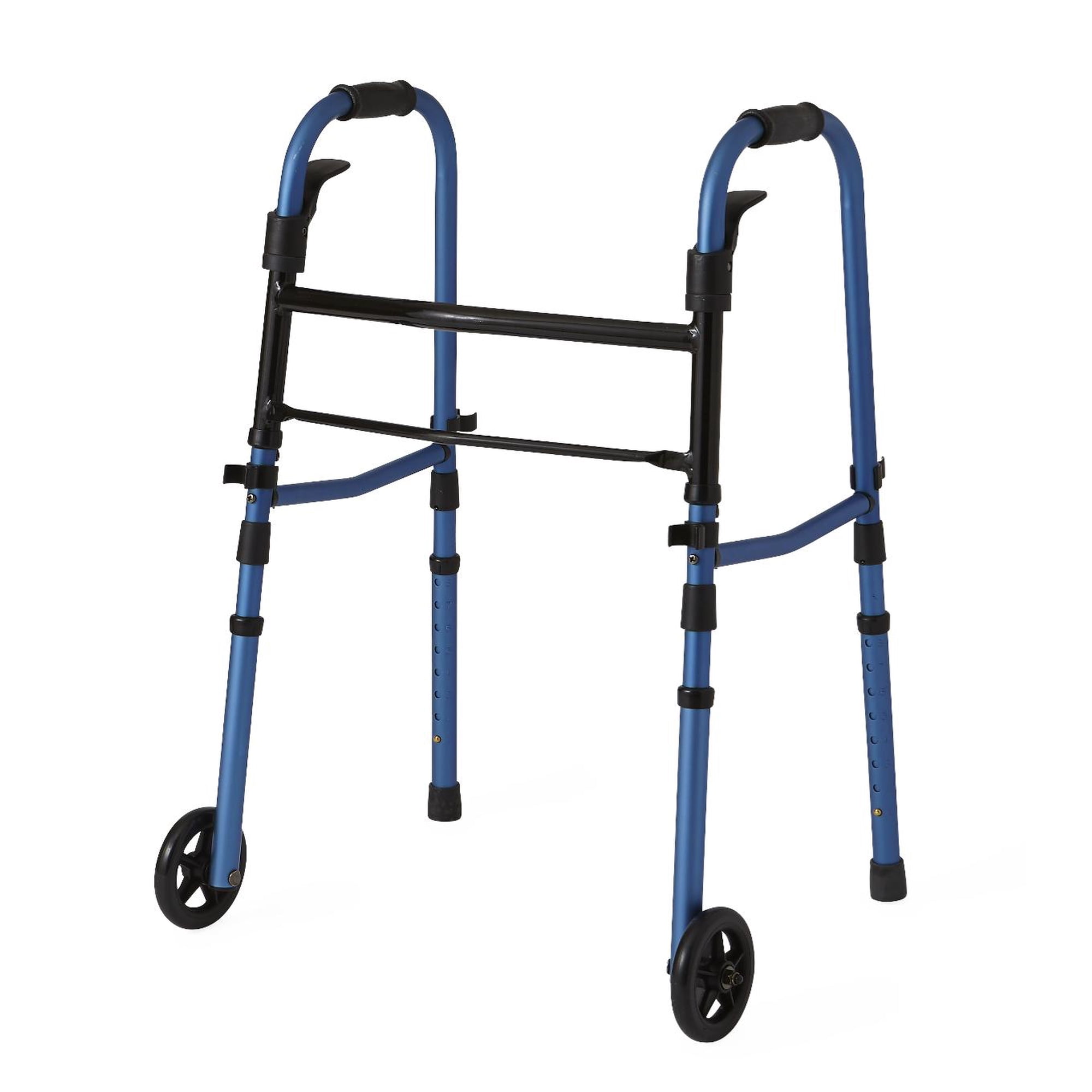 Medline Folding Walker With 5" Wheels, For Adults, Elderly and Disabled, Height Adjustable Roller Walker, 350 lb Weight Capacity, Blue