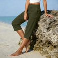thumbnail image 3 of Womens Capri Pants Casual High Waist Elastic Straight Linen Pockets Wide Leg Pants Army Green, 3 of 5