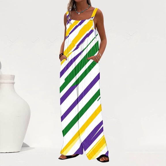 YanHoo Women's Mardi Gras Sleeveless Jumpsuits Striped Carnival Party Spaghetti Straps Loose Long Pants Overalls with Pockets