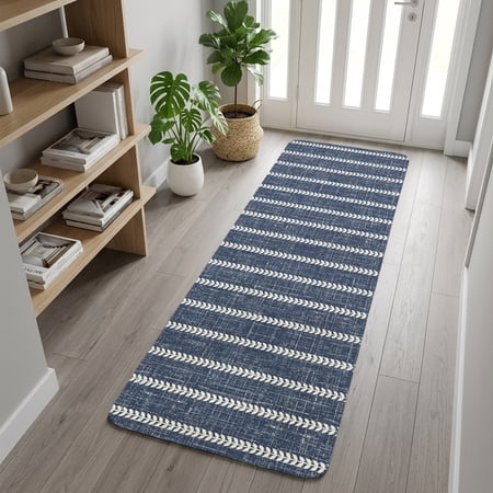 Navy Blue Leaf Stripe Washable Runner Rug 2X5 ft Country Vintage Minimalist Vertical Leaves Non-Slip Hallway Runner Rug Kitchen Runner Mats Indoor Floor Carpet for Entryway Bathroom Living Room