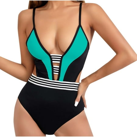 Xfvqtps Womens One Piece Swimsuit High Cut Deep V Neck Waist Cutout Backless Back Buckle Adjustable Spaghetti Strap Tummy Control Color Block Stripe Beach Summer Monokini Thong Swim Suit Blue