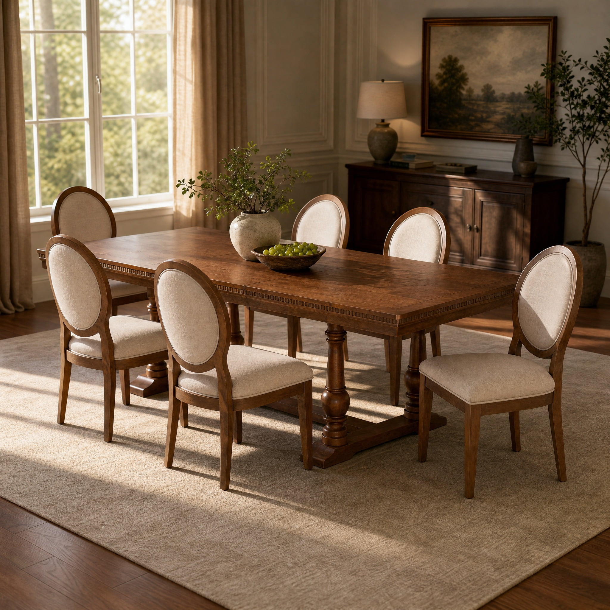 7-Piece Dining Table Set for 6, 58"-76" Extendable Dining Table with 6 Oval-Back Upholstered Chairs