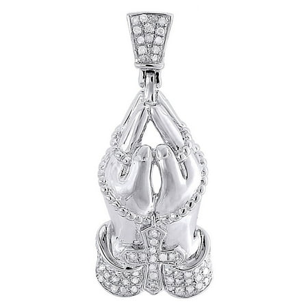 Diamond Boys Charm - Diamond Praying Hands Pendant Mens .925 Sterling Silver Rosary Charm 0.26 Tcw
