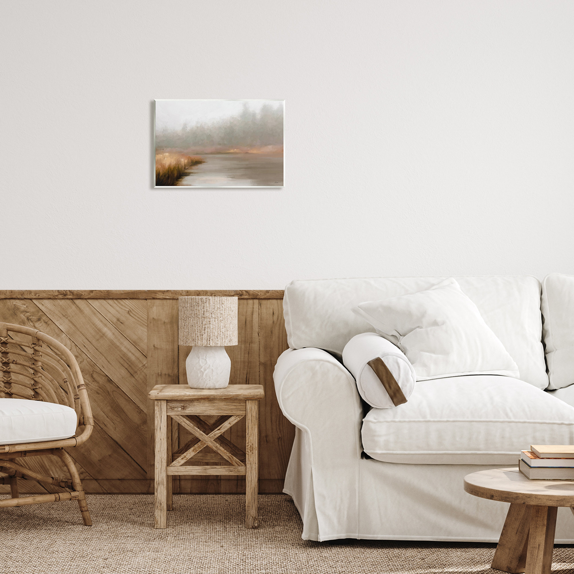 Stupell Industries Rural Stream in Fog Nature Painting Unframed Art Print Wall Art, 15 x 10