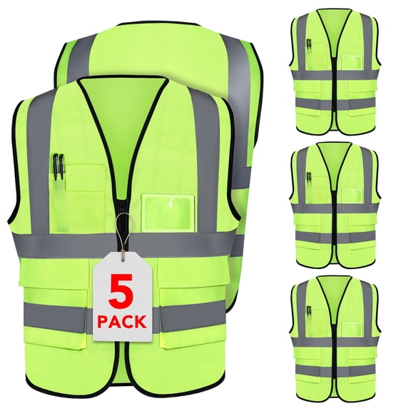DIYMAG 5  Pack Safety Vests, XL,Neon Green-Hi-Vis Synthetic Work Vest, 3M Scotchlite Reflective Taping