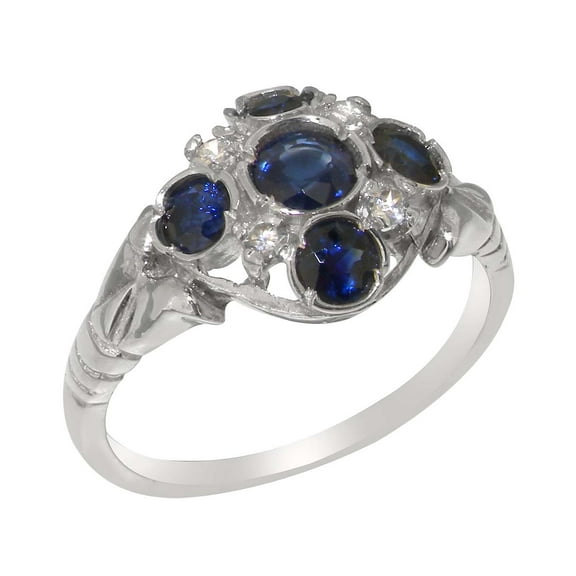 LBG British Made 925 Sterling Silver Natural Sapphire & Cubic Zirconia Womens Statement Ring - 33 size options - Size 10