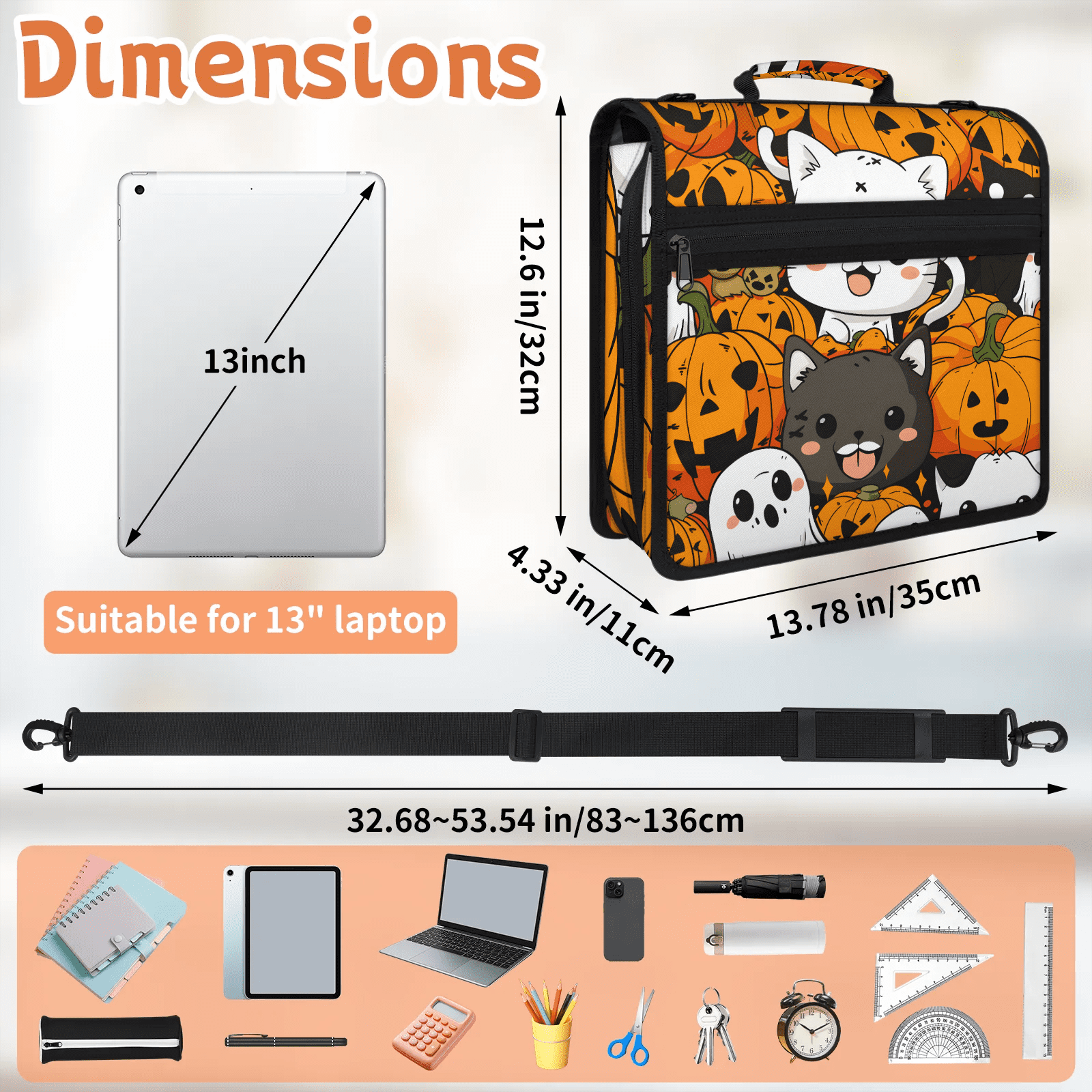 Herdesigns Halloween Pumpkin Zipper Binder 1.5 Inch 3 D-Rings with Shoulder Strap & Handle, Waterproof Cute Cat Binder Organizer Bag for 13 Inch Laptop