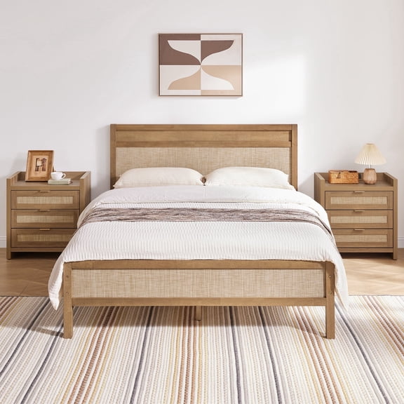 SICOTAS Queen Size Solid Wood Bed Frame with Rattan Headboard & Footboard, Bohemian Platform Bed Frame with 12 Wooden Slats Support, No Box Spring Needed, Noise Free, 1100lbs, Natural Wood