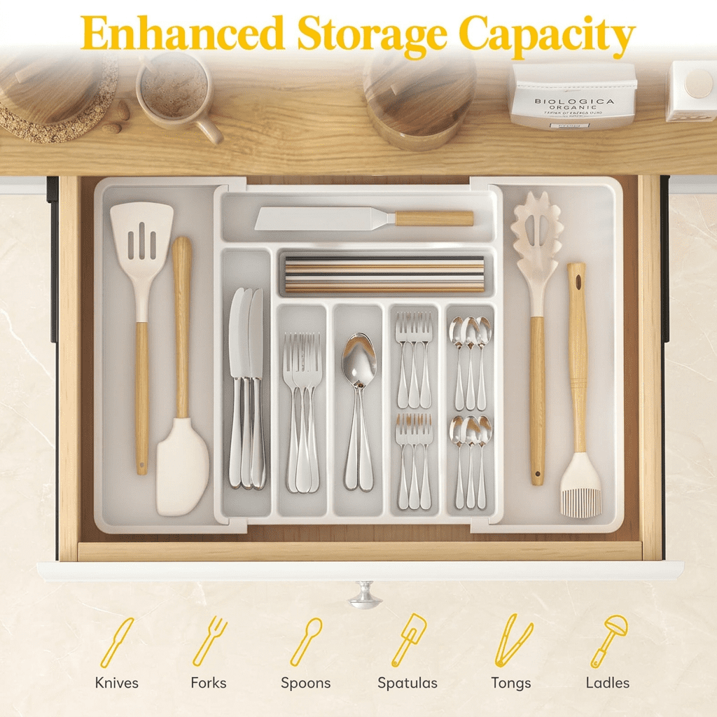 Norcho Expandable Utensil Organizer Drawer, Adjustable Cooking Silverware Tray, Plastic Spatula Tools Divider 13-22.4"x15" White