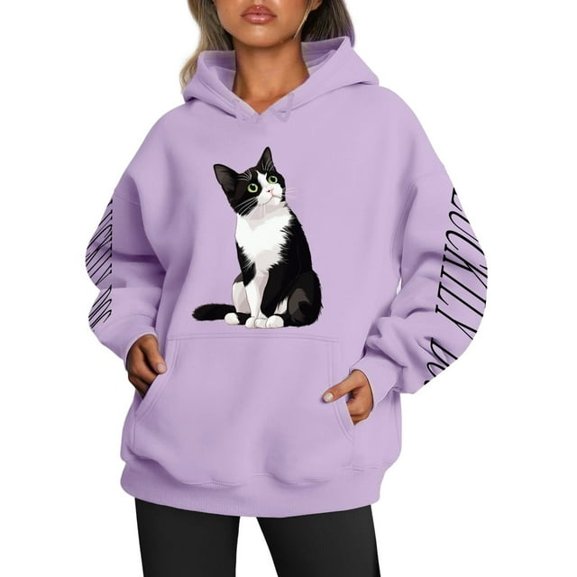 WEAIXIMIUNG Robe Sweat Femme Manches Courtes Imprimé Chat et Chien Décontracté à Capuche pour Détente