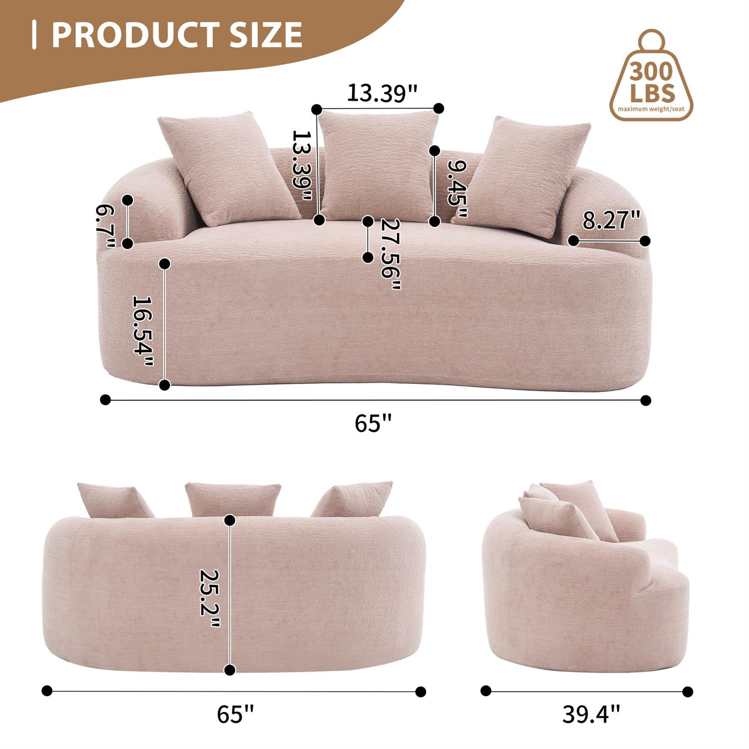 Demi Bonn 65" Compact Curved Loveseat Sofa with Chenille Fabric, Full Compression Sponge for Small Spaces, Supports up to 300 lbs, No Assembly Needed, Beige