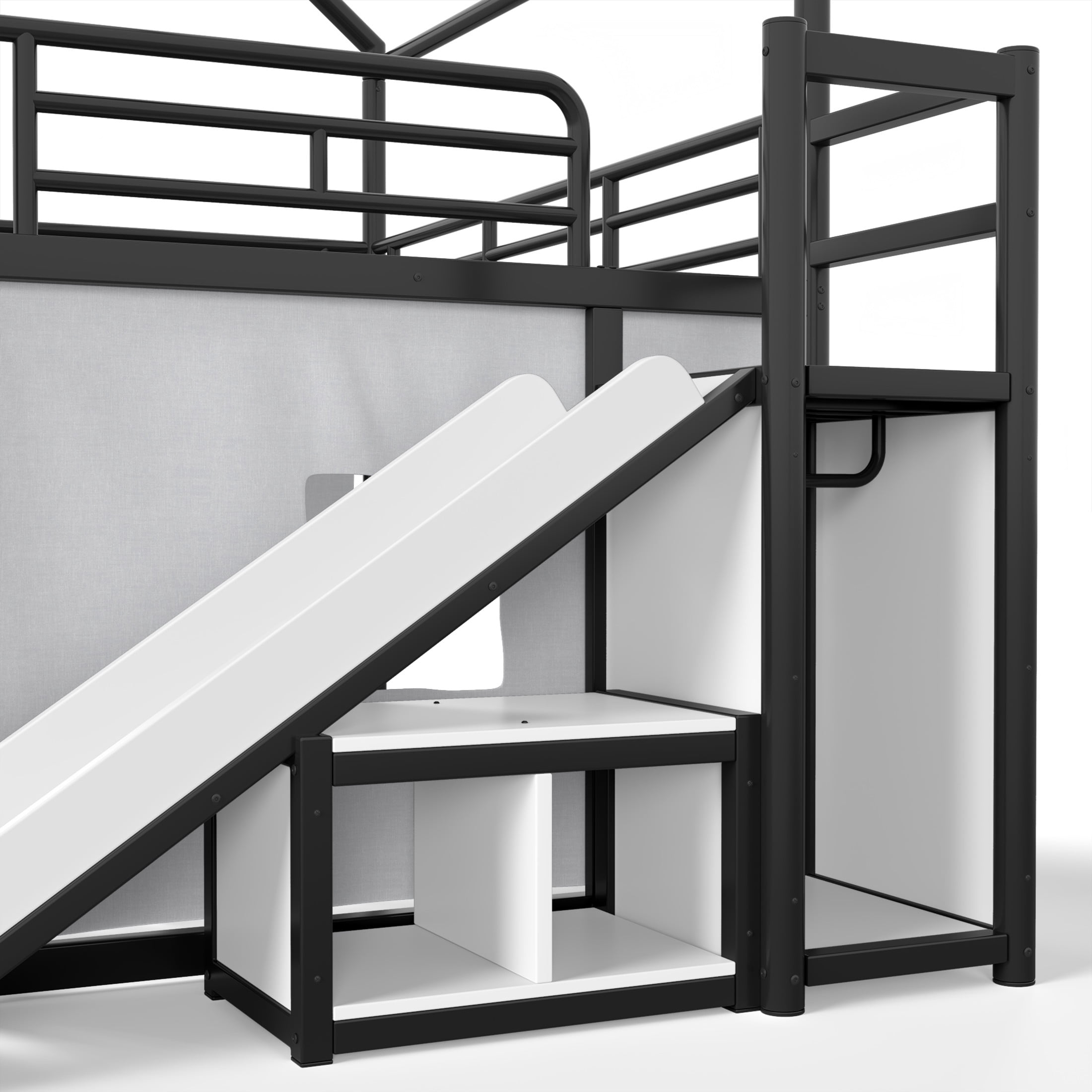 GDF Studio Full over Full Playhouse Bunk Bed with Slide, Ladder, LED Light, Cabinet & Curtain Rod, Black