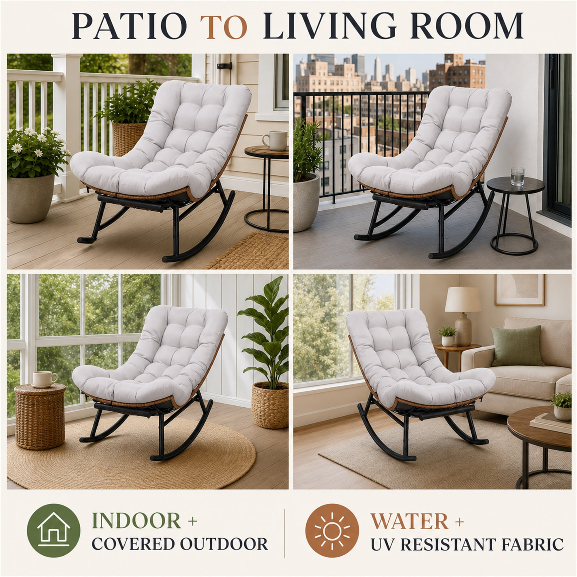 CLOUDREST PRO Outdoor Papasan Rocking Chair with Retractable Footrest, Oversized Wicker Patio Lounge Rocker with Thick Cushion and Steel Frame, 450 lb Capacity, Indoor Outdoor, Beige